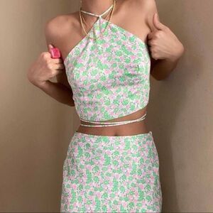 Zara Y2K Ditsy Floral Halter Crop Top, Size Medium, Green / Pink